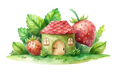 Watercolor strawberry house. Cute illustration with a small house in the leaves, on white background clipart