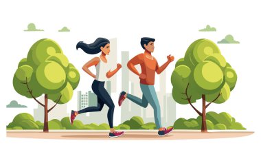 Erkek ve kadın parkta koşar. Bir çift koşucunun birlikte koşması..