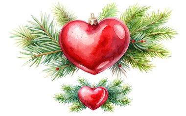 Noel suluboya doğal tebrik kartı kırmızı kalp, vektör resim