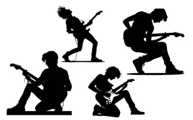 Gitarist siyah simge silueti beyaz arkaplanda