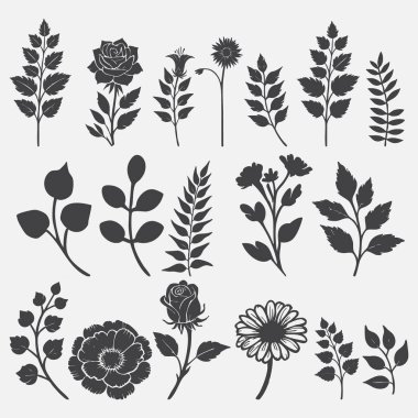 Botanik element siyah vektör silueti tropikal bitki, kır çiçeği, gül, papatya, ayçiçeği, okaliptüs yaprakları. arkaplandan izole