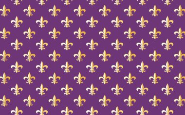 Kraliyet mor arka planında altın fleur-de-lis sembollerinin tekrarlanan bir tasarımı.