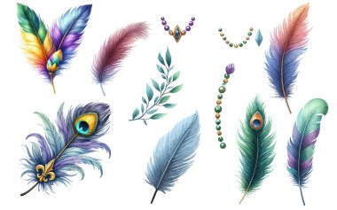 Mardi Gras Karnavalı Tüy Clipart izole edilmiş beyaz arka plan. Vektör illüstrasyonu