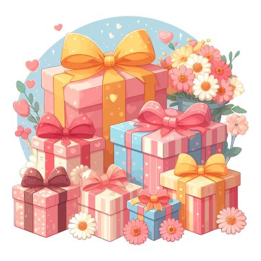 İçinde çiçekler ve kalp olan hediye kutusu.