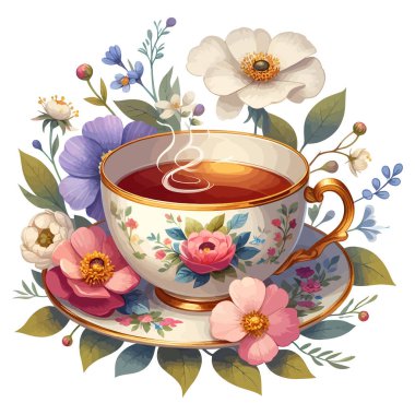 Çay fincanı ile fincanın suluboya çizimi