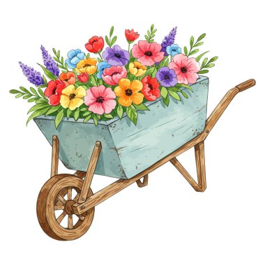 Ahşap bir arabada suluboya çiçekler taşıyacağım..