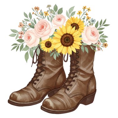 Çiçekli ve çizmeli vektör buketi