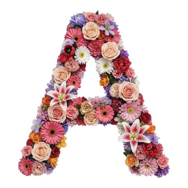yazı tipi a, çiçekler, çiçekler ve yapraklar, beyaz arkaplanda izole edilmiş, suluboya alfabesi