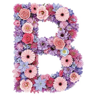 Beyaz arkaplanda izole edilmiş renkli çiçeklerden oluşan alfabe harfi b, kırpma yolu
