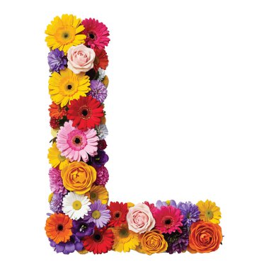 Beyaz arkaplanda izole edilmiş çiçeklerden yapılmış L harfi.