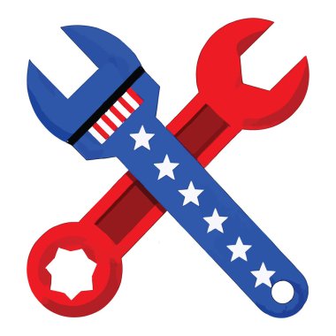 ABD ve İşçi Bayramı, İngiliz anahtarının vektör sanatı yıldızlarla ve çizgilerle entegre, canlı kırmızı, beyaz