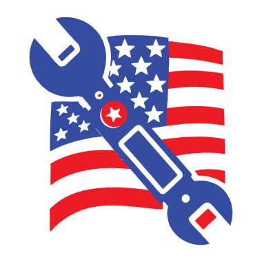 İşçi bayrağı taşıyan Amerikan bayrağı İngiliz anahtarı sanatı