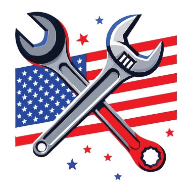 İşçi Bayramı Vector sanatı yıldızlar ve çizgilerle birleştirilmiş bir ingiliz anahtarı