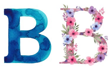 suluboya alfabe B, harfler ve çiçekler, elle boyanmış mektuplar, çiçekler, davetiyeleriniz için tasarım elemanları.