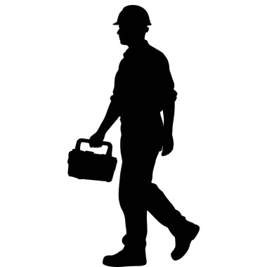 Beyaz Arkaplanda Sert Şapka ve Araç Kutusuna sahip İnşaat İşçisinin Silueti