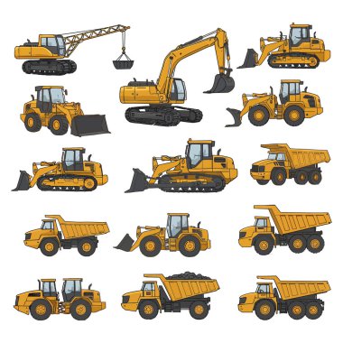 Sarı İnşaat Makinesi Kazıcı, Buldozer, Döküm Kamyonu