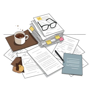 Düzensiz masa, dağınık çalışma alanı, evrak işleri, ofis, masa, kağıtlar, kahve, gözlük, düzensiz, meşgul, stres, iş, belgeler, illüstrasyon, vektör, aşırı yükleme, son teslim tarihi, düzensizlik, kaos, iş yeri, çalışma yeri, yazma, notlar, araştırma;