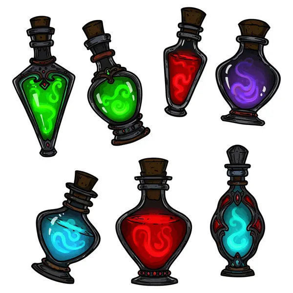 Sihirli İksir Şişeleri İllüstrasyonu Renkli Fantezi İksiri Şişe Vektörü