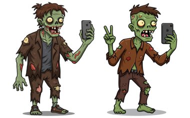 Cadılar Bayramı Zombi Selfie Vektör Sanatı, Zombi Selfie Çizgi Filmi Çizimi