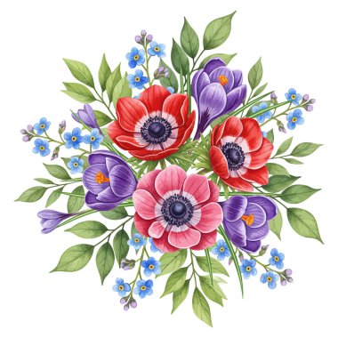 Renkli Anemone, Crocus ve Unutma Beni Buketi