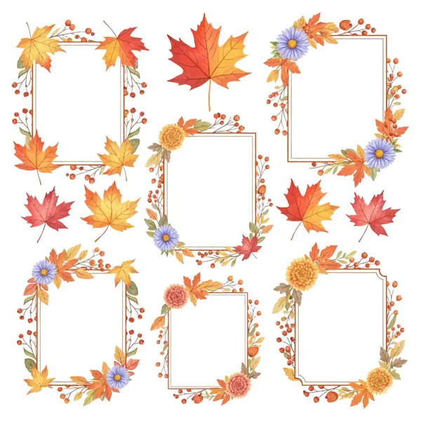 Suluboya Dekoratif Düşme Çerçeveleri Yapraklar ve Çiçeklerle