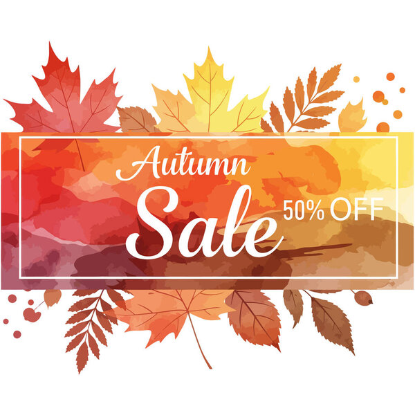 Colorful Autumn Sale Banner with Watercolor Background and Leaves