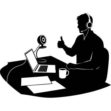 Çevrimiçi İletişim Silüeti - Kulaklıklı ve Bilgisayarlı Adam