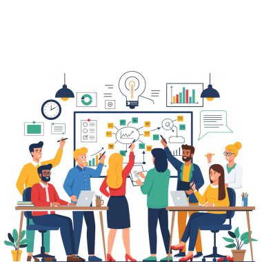 İş Ekibi Beyaztahta üzerinde Beyin Fırtınası ve Gelişim Fikirleri