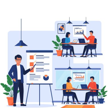 Verileri analiz eden ve bir proje üzerinde birlikte çalışan meslektaşlar.