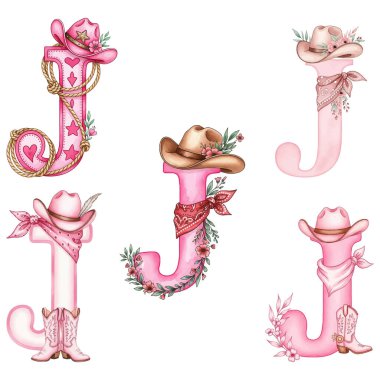 Kovboy Kız Şapkaları ve Botlarıyla Pembe Batı Harfi J Koleksiyonu - Suluboya Set