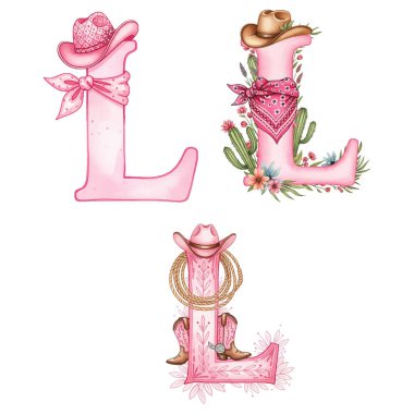 Pembe Batı Harfi L Seti - Şapkalı Kovboy Kız Alfabesi, Bandanalar ve Çizmeler