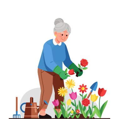 Yürüyen Sopalı Neşeli Yaşlı Büyükanne.