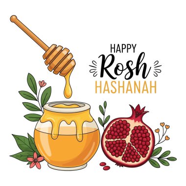 Hand-Drawn Rosh Hashanah Greeting with Honey Pot and Pomegranate