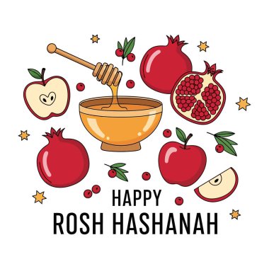 Happy Rosh Hashanah Greeting: Apples, Honey, and Pomegranate Symbols