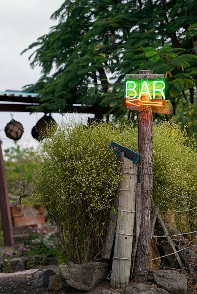 Neon Bar Sign Outdoors Trees Plants Background Floreana Galapagos — Stock Photo, Image