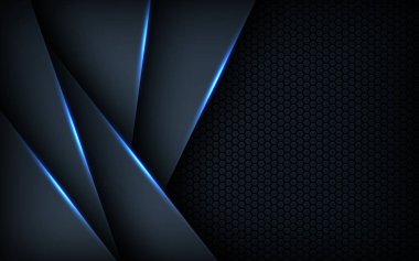 Koyu mavi ışık arkaplan gradyan şekilleri. Lacivert altıgen ağ desenli dekorasyon.