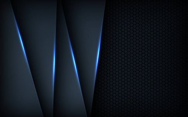 Koyu mavi ışık arkaplan gradyan şekilleri. Lacivert altıgen ağ desenli dekorasyon.