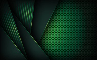 Dark abstract green light background with hexagon mesh pattern decoration.