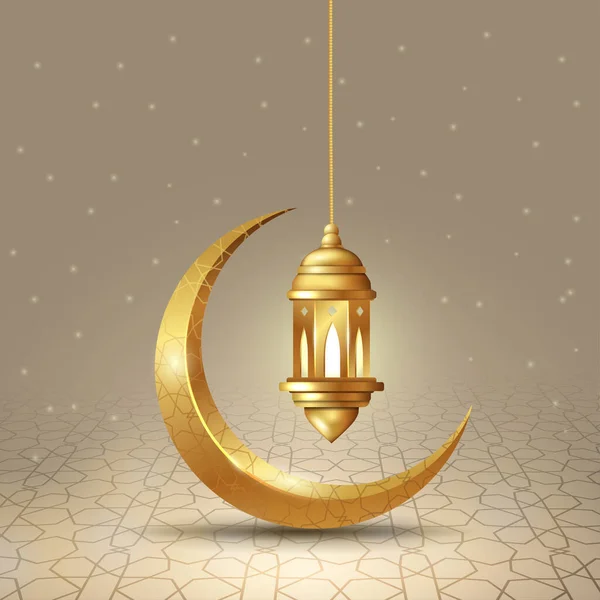 拉马丹 卡里姆 Ramadan Kareem 伊斯兰式设计 带有阿拉伯图案和书法的新月形和灯笼 — 图库矢量图片