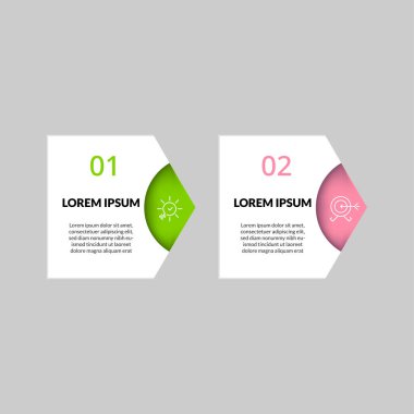 Asgari İş Bilgileri şablonu. 2 adımlı zaman çizelgesi, seçenekler ve pazarlama simgeleri, kare tasarım veya diyagramı