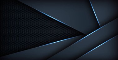 Koyu mavi ışık arkaplan gradyan şekilleri. Lacivert altıgen ağ desenli dekorasyon.