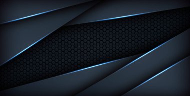 Koyu mavi ışık arkaplan gradyan şekilleri. Lacivert altıgen ağ desenli dekorasyon.