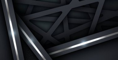 Üçgen kare siyah örtüşen koyu soyut arkaplan. Gümüş liste ve gümüş simler, kağıt kesiği desenli arka plandaki noktalar elementi. eps10 vektörü