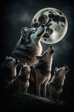 wolf and cat on the background of the night sky