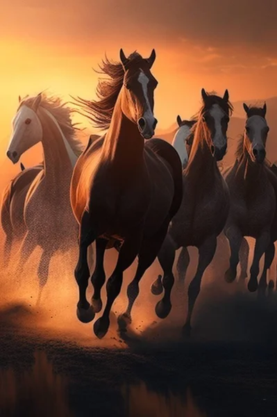 Cavalos Nas Montanhas Dia Verão Sol Está Correndo — Fotografia de Stock
