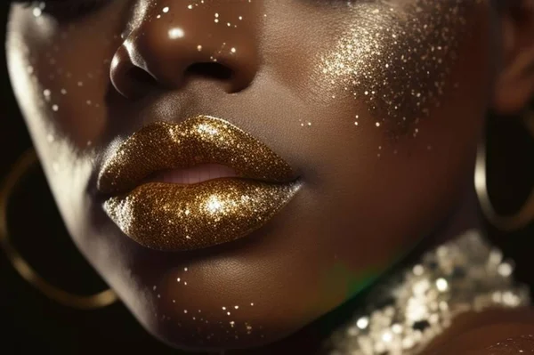 stock image Close-up of lady lips wearing gold glitter