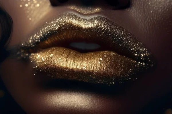 Zbliżenie Lady Usta Noszenie Złoty Brokat — Zdjęcie stockowe