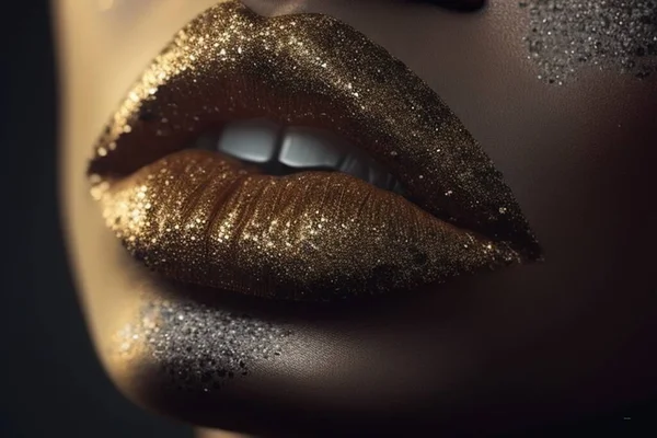Close-up of lady lips wearing gold glitter