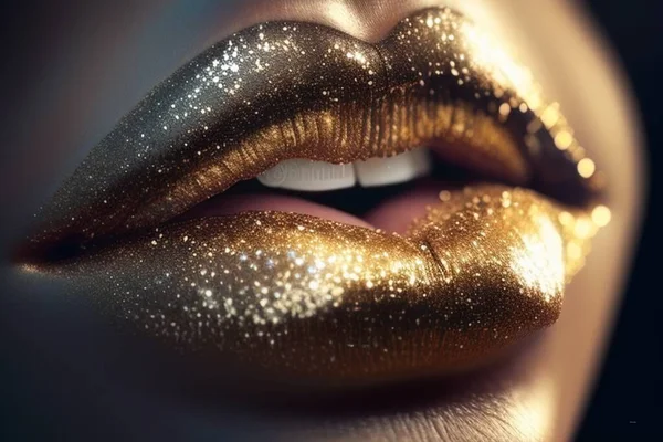 Close Lady Lips Wearing Gold Glitter — Stock Photo, Image
