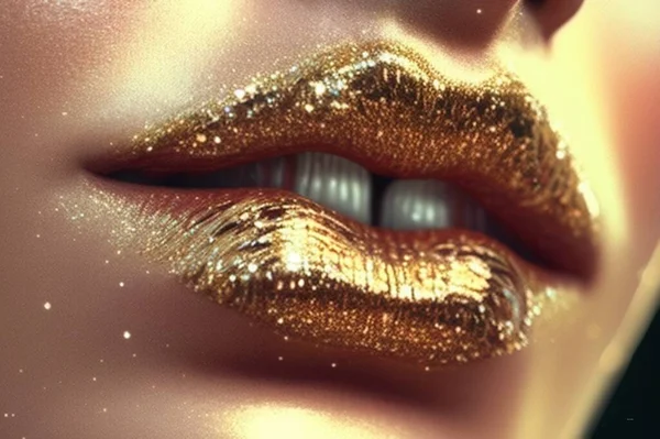 Close Lábios Senhora Vestindo Brilho Dourado — Fotografia de Stock